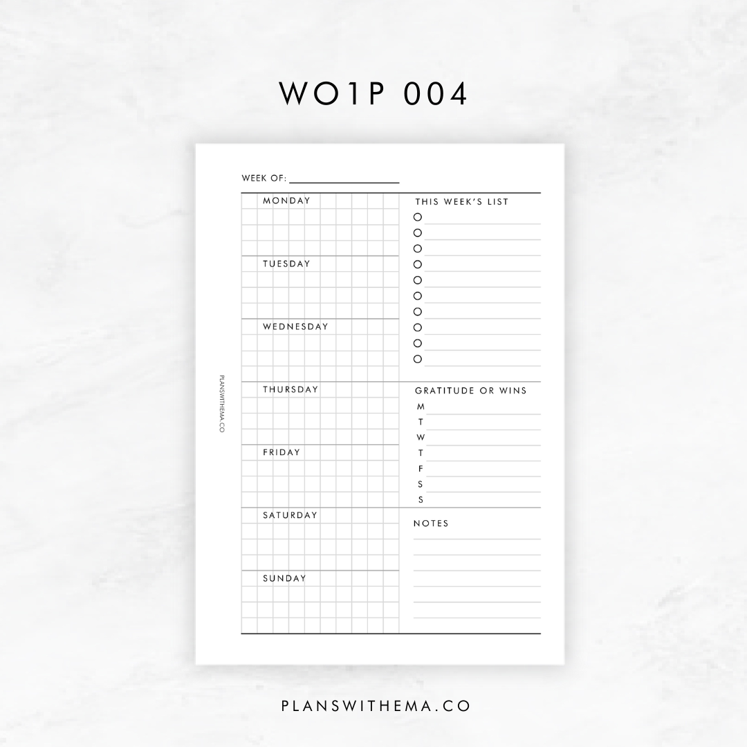Weeks on 1 Page (WO1P) Planner Inserts | W004