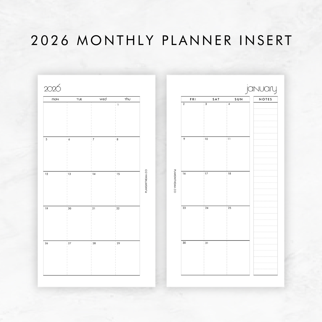 2026 Dated Month on 2 Pages (MO2P) - Without Monthly Cover | Planner Insert