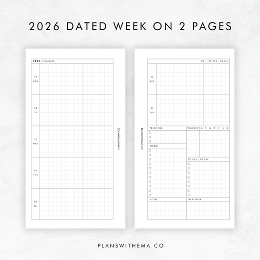 2026 Dated Week on 2 Pages (WO2P) | Planner Insert