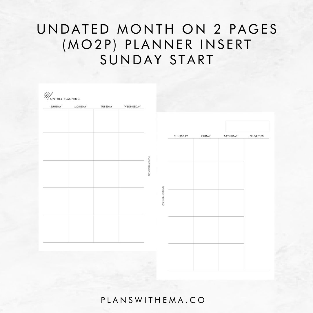 Undated Months on 2 Pages (MO2P) | Planner Inserts