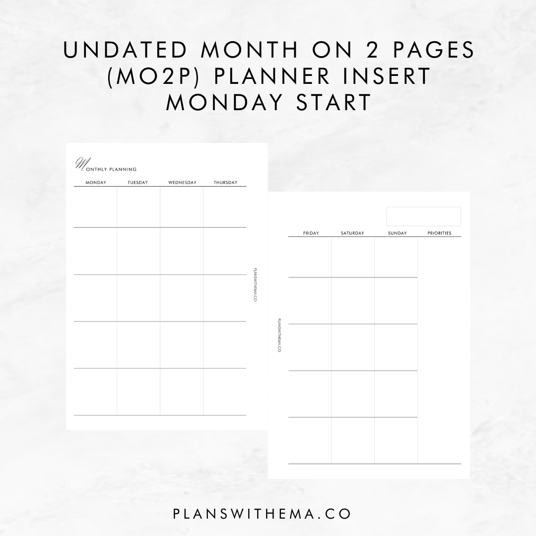 Undated Months on 2 Pages (MO2P) | Planner Inserts