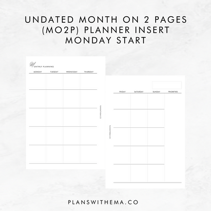 Undated Months on 2 Pages (MO2P) | Planner Inserts